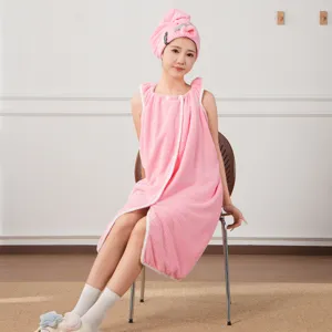 Pink wearable bath towel dress and hair drying cap set, super absorbent quick dry home shower wear.