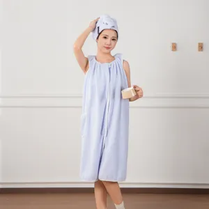 Wearable bath towel skirt set with hair drying cap, soft absorbent quick-drying fabric.