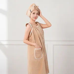 Wearable bath towel set with hair drying cap, soft absorbent microfiber for women.