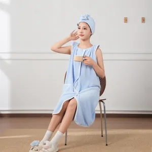 Light blue coral fleece wearable bath towel and bath skirt set for women, quick drying comfortable.