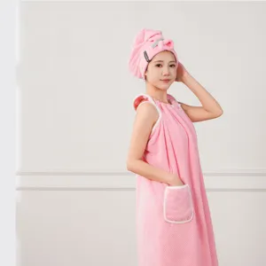 Pink wearable bath towel and dry hair towel cap set, soft quick drying microfiber bath towel.