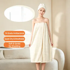 Women wearable bath towel coral fleece soft absorbent shower wrap robe for spa bathroom