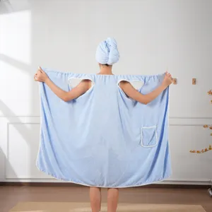 Coral fleece wearable bath towel skirt with armholes and pocket for quick drying home use