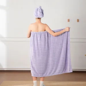 Women purple wearable bath towel coral fleece soft absorbent bath wrap and hair drying cap.