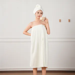 Adult coral fleece wearable bath towel wrap dress and hair dry cap set, thick, soft.
