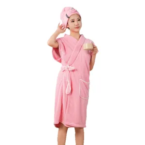 Waffle knit bath towel robe set with hair drying cap for women, soft absorbent pink sleepwear.