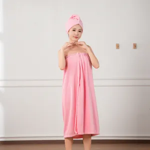 Pink coral fleece wearable bath towel skirt and hair drying cap set, thick and soft absorbent.