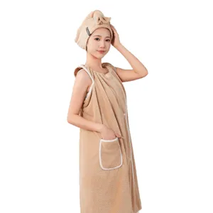 Wearable bath towel dress for women, absorbent quick-dry bathrobe set with hair drying cap.