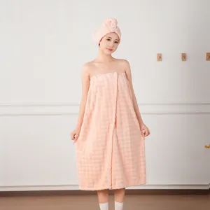 Pink coral fleece wearable bath towel wrap and dry hair cap set for women cozy homewear
