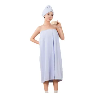 Coral fleece wearable bath towel for women, soft absorbent strapless bath skirt with cap.