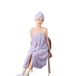 Women coral fleece wearable bath towel set with hair dry cap, soft absorbent bathrobe.