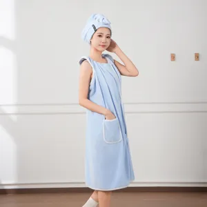 Women Wearable Coral Fleece Bath Skirt Quick Drying Absorbent Bathrobe With Hair Cap Soft Spa Towel Loungewear
