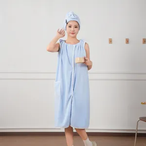 Light blue coral fleece wearable bath towel dress with dry hair cap for women home use