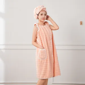 Wearable Bath Towel Dress For Women Coral Fleece Absorbent Quick Drying Spa Bathrobe With Dry Hair Cap