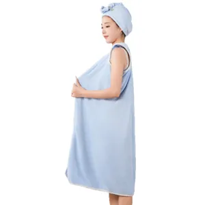 Blue coral fleece wearable bath towel and hair cap set for women, soft absorbent home bath dress.