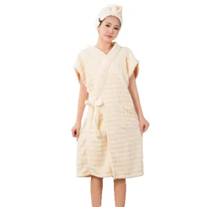 Coral fleece women wearable bath towel bathrobe and hair band set, soft absorbent homewear.