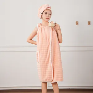 Wearable bath towel dress for women, soft absorbent quick-drying coral fleece spa bathrobe main view.
