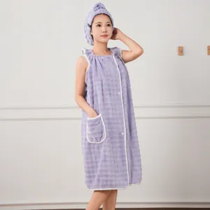 Wearable bath towel dress for women, absorbent quick dry coral fleece shower wrap with hair cap.
