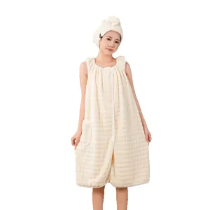Wearable bath towel dress for women with hair cap, soft absorbent quick dry spa bath wrap.