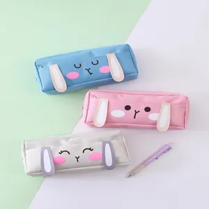 Detailed view of cute cartoon rabbit pencil case multi layer canvas stationery bag storage box.