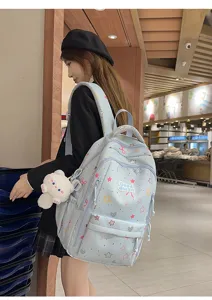 Light blue cute student backpack with star prints and bear pendant large capacity school bag