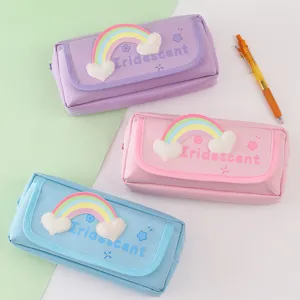 Large Capacity Oxford Cloth Pencil Pouch Cute Rainbow Heart Letter Print Double Layer Stationery Bag For Students School Office
