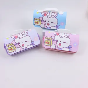 Cute cartoon rabbit pencil case for kids, large capacity student stationery storage bag with handle.