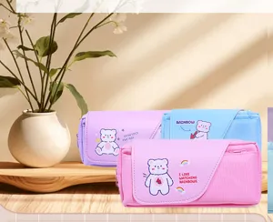 Cute large capacity double layer pencil case for students with lovely cartoon bear design pink
