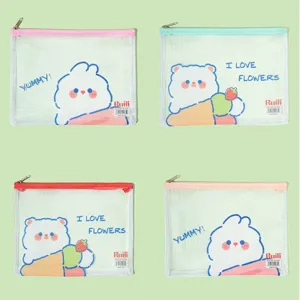 Cute cartoon PVC mesh document bag, waterproof zipper file storage bag for kids stationery.