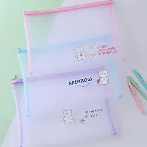 A4 Mesh Zipper File Bag Transparent Grid Document Organizer Cute Cartoon Animal Office School Storage Bag