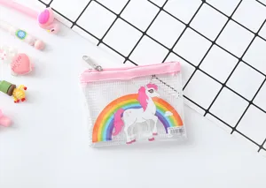 Transparent PVC unicorn mesh pencil pouch, creative cartoon small storage bag for kids.