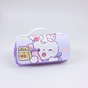 Cute cartoon rabbit pencil case detail, purple canvas pouch with handle for students.