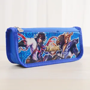 Blue canvas pencil case with game character print, large capacity zipper stationery bag for students.