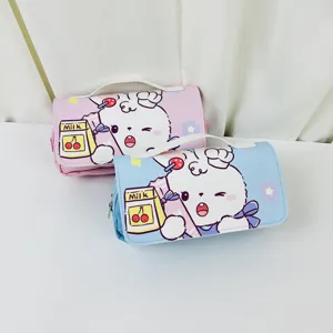 Cute Rabbit Canvas Pencil Case Double Layer Zipper Large Capacity Stationery Bag Student School Supplies Pen Pouch