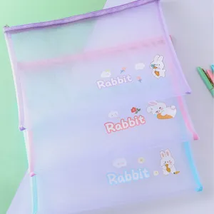 A4 transparent mesh file bags with cute cartoon rabbit prints, zipper pencil storage pouches.