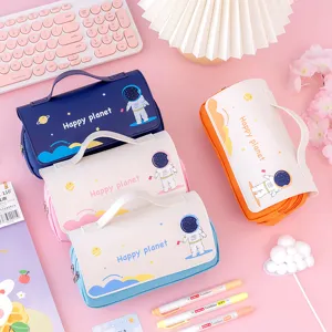 Cute astronaut pencil case large capacity multi-layer student stationery organizer bag with handle