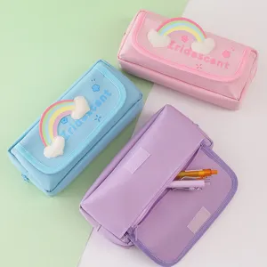 Large capacity oxford cloth pencil case with cute rainbow design, double layer school stationery box.