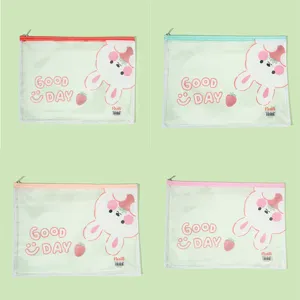 PVC mesh zipper file folder detail, cute cartoon rabbit pattern, stationery storage bag.