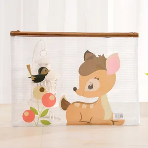 Transparent PVC mesh document bag with cute deer cartoon print, A4 size zipper file organizer.