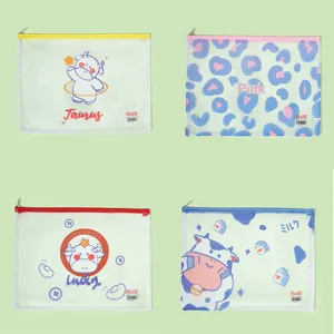 Detailed view of cute cartoon PVC grid document bags, waterproof student stationery storage.