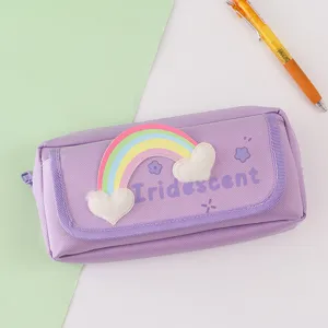 Detail view of the purple oxford cloth pencil case with cute rainbow and heart pattern.