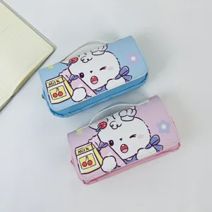 Cute cartoon rabbit double layer canvas pencil case with handle, large capacity stationery bag.