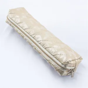 Beige quilted cylindrical pencil case with zipper, large capacity stationery storage bag.