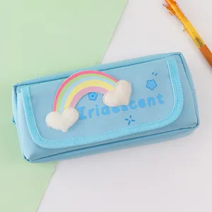 Cute rainbow canvas pencil case with large capacity, double layer student stationery pouch.