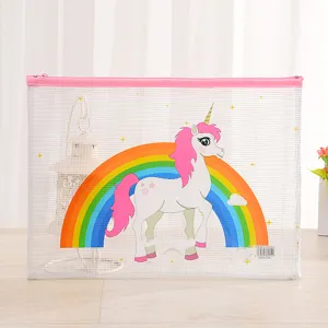 Detailed view of clear PVC mesh document bag with cute unicorn and rainbow print design.