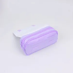 Purple double zipper canvas pencil case large capacity stationery storage bag detail shot