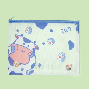 Cute cartoon cow transparent PVC mesh file bag, durable zipper document storage organizer.