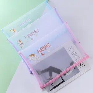 Cute A4 mesh zipper file bag transparent grid document folder with lovely rabbit print.