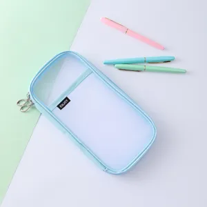Detailed view of light blue mesh pencil case with double zipper and transparent compartment.