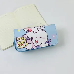 Cute double zipper pencil pouch with sweet rabbit illustration, large capacity stationery bag.